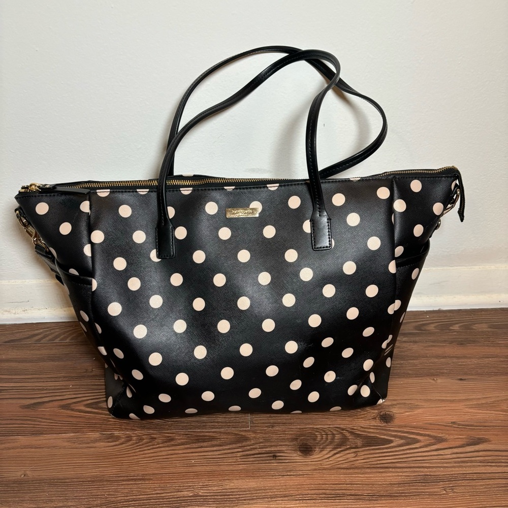 Kate Spade Leather Black Tote Overnight Bag Cream Polka Dots Travel Everyday